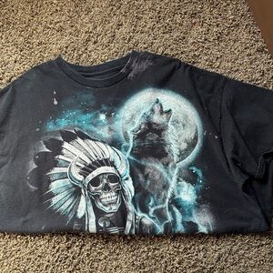 Black Graphic Tee with Wolf and Skull Design